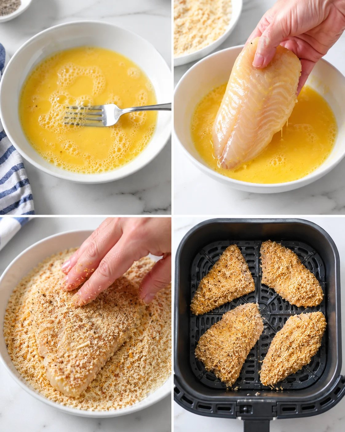 Collage of beaten eggs, dipped chicken, crumb coating, and air-fryer with breaded fillets.