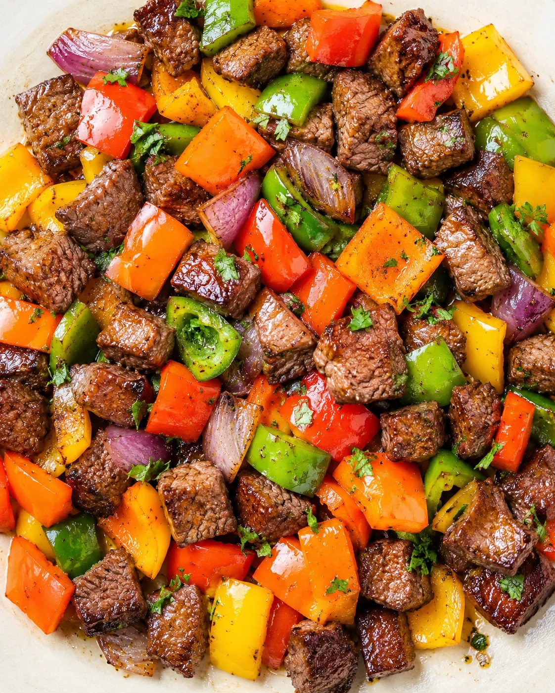 beef and colorful bell peppers and onions in a skillet, caramelized with parsley