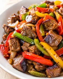 Close-up of beef cubes with red, yellow, and green peppers in a glossy stir-fry sauce on a white plate.