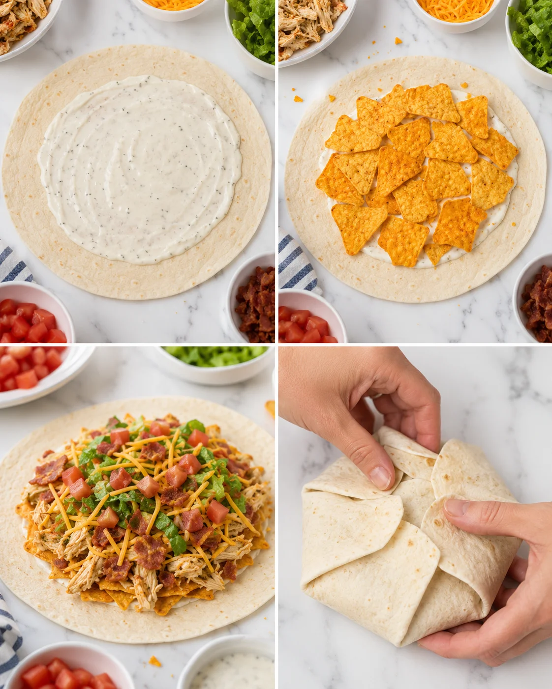 Overhead collage showing tortilla assembly: crema base, nacho chips, shredded chicken, pico, cheese, and a folded wrap.