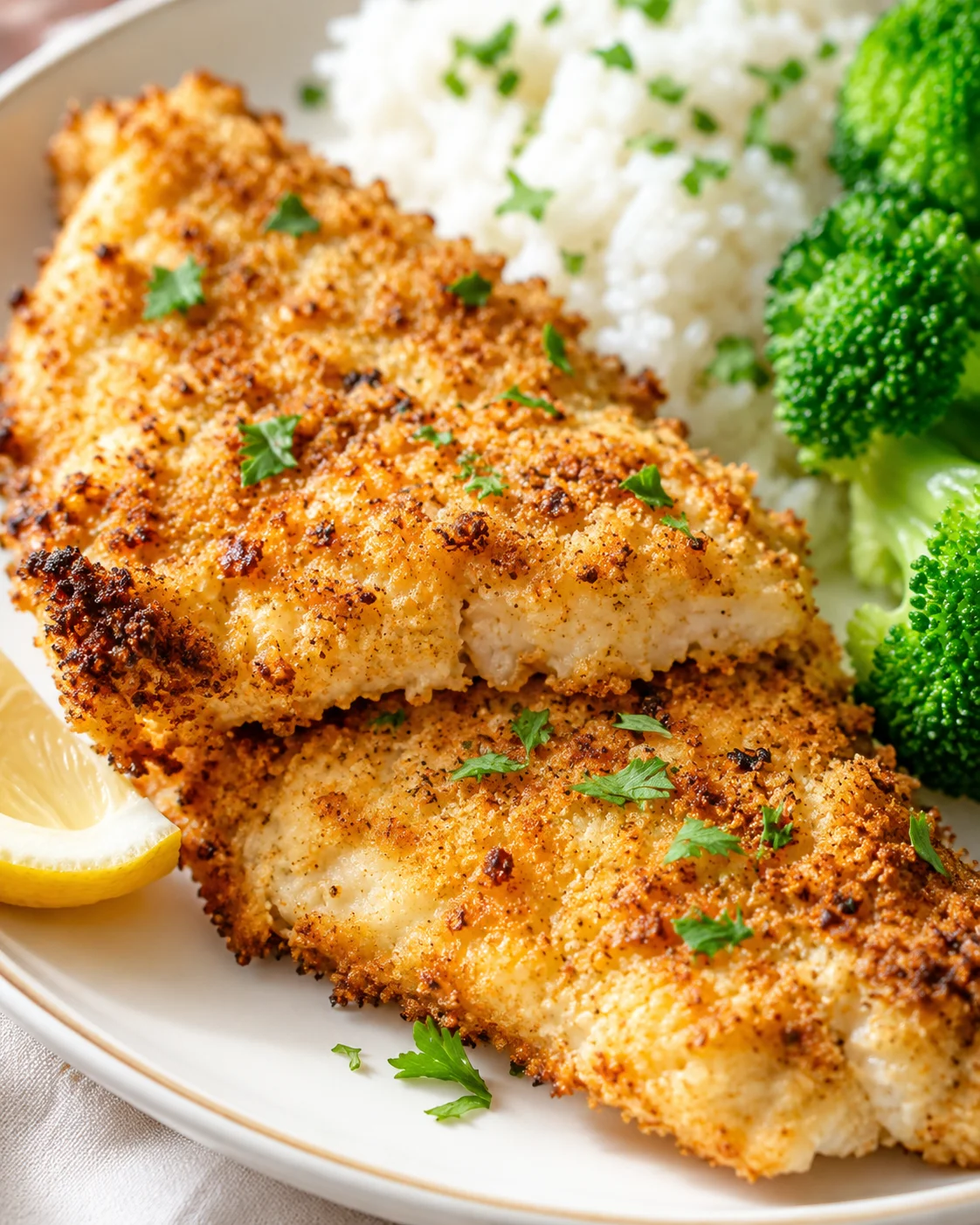 Golden crispy breaded fish fillets on a plate with rice, broccoli, and a lemon wedge.