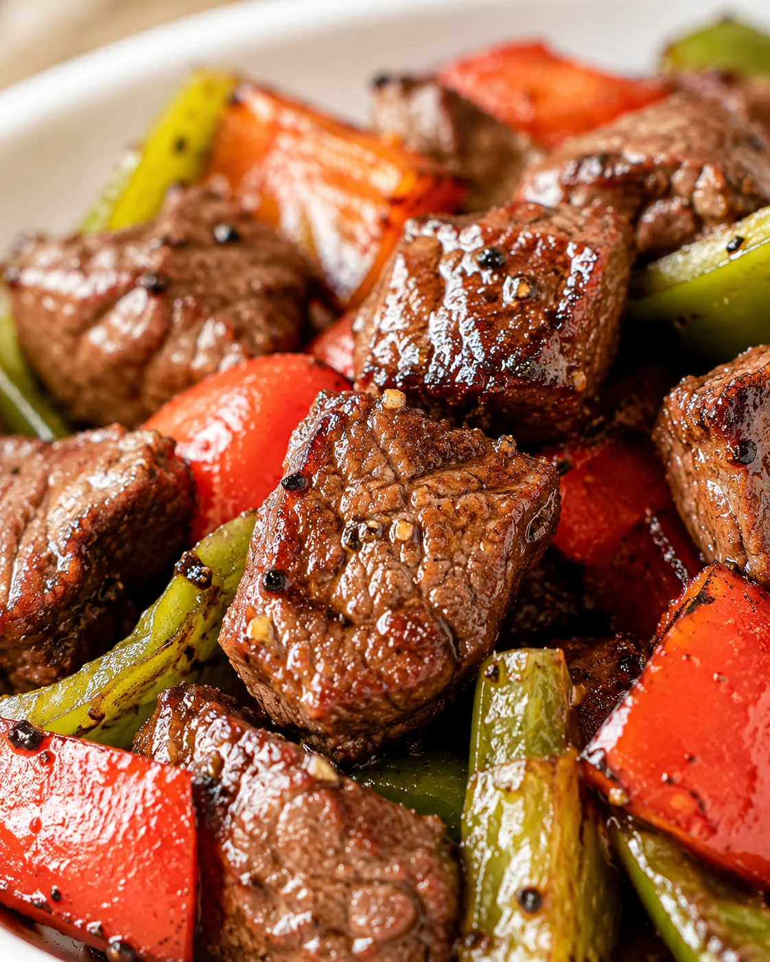 close-up of glossy beef cubes with red and green peppers in a savory glaze