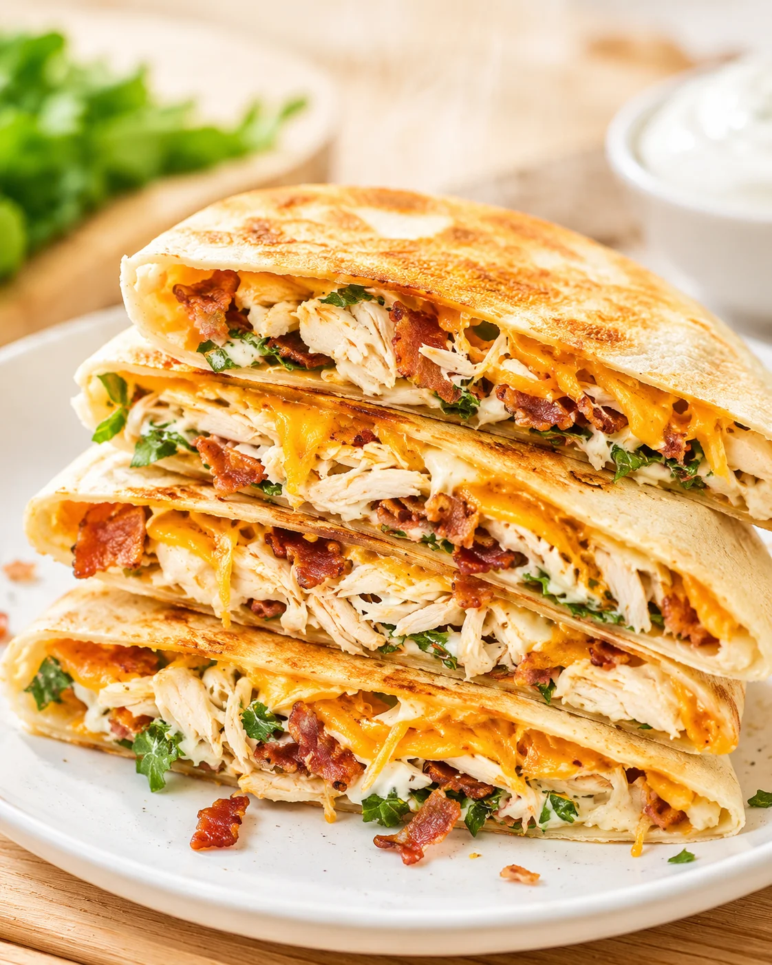 stacked chicken-bacon-quesadillas on a white plate with cilantro and sour cream in the background