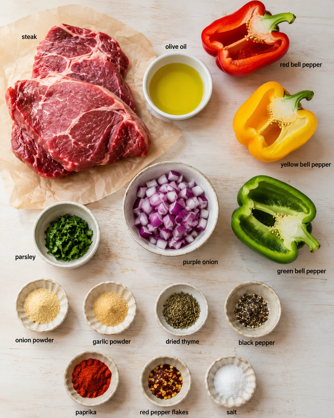 raw steak on parchment with olive oil, multi-colored bell peppers, diced red onion, parsley, and spice bowls.