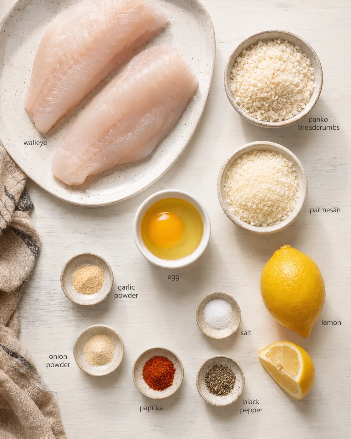 overhead view of raw walleye fillets with panko, parmesan, egg, lemon, and spices on a light table